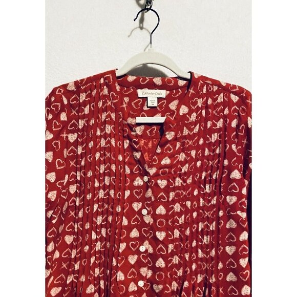 Coldwater Creek Top Womens XS Heart Print Button Up Pleated 3/4 Sleeve Red Boho - Picture 2 of 7